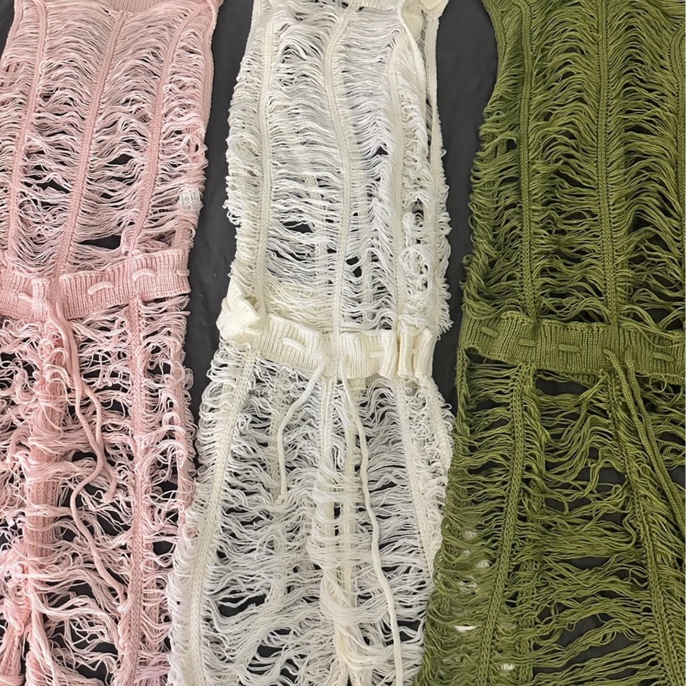 Fringed Knit jumpsuits in Pink, White, and Green